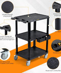 Rock Solid 3 Tier Heavy Duty Rolling Utility Cart Built Different With Hella Tough Polypropylene Shell Rust Resistant Foam Core Mobile Workstation For Garage And Workshop Tool Storage with ergonomic handle, black finish, and swivel casters.