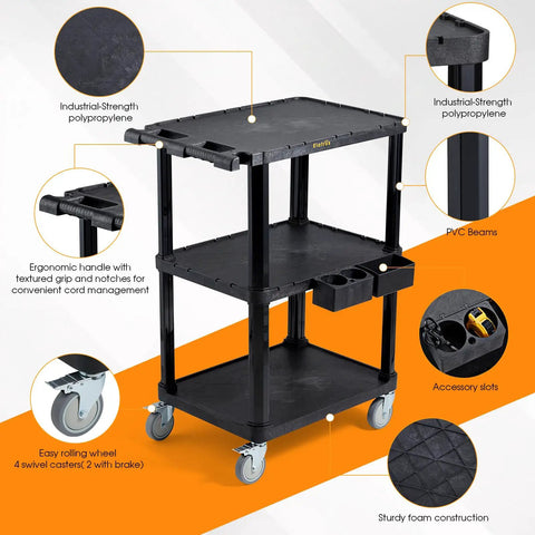 Rock Solid 3 Tier Heavy Duty Rolling Utility Cart Built Different With Hella Tough Polypropylene Shell Rust Resistant Foam Core Mobile Workstation For Garage And Workshop Tool Storage with ergonomic handle, black finish, and swivel casters.