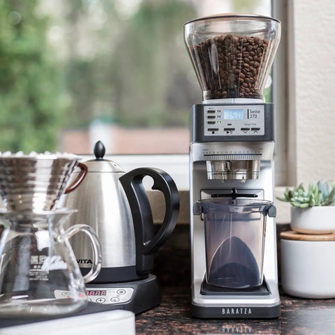 Top Tier Conical Burr Coffee Grinder With Smart Dosing Controls and Customizable Grind Settings on kitchen countertop.