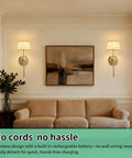 Slick Cordless Wall Sconces Set Of Two Packing All Day 10000 Mah Battery Life And Rgb Color Shift Lighting on living room walls.