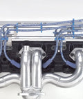 Chrome engine mounts with blue high temperature wires, part of Red Ride Ready Wire Loom Kit With Chrome Bracket Set For Engine Mounts.