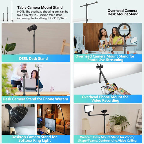 Overhead Desk Mount For Cameras And Webcams With Flexible Boom Arm And 360 Degree Ball Head One Quarter Inch Mount Display