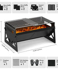 Charcoal Folding Portable Grill With Carry Bag For Outdoor Cooking Campfire showing dimensions and components in diagram