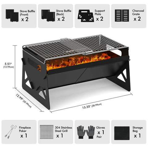 Charcoal Folding Portable Grill With Carry Bag For Outdoor Cooking Campfire showing dimensions and components in diagram