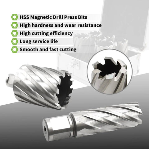 Heavy Duty 6 Piece Annular Cutter Set Spanning Seven Eighths To Two Inches With Three Quarter Inch Welded Shank Built Tough As Nails With M2Al High Speed Steel For Knocking Out Precise Metal Holes Without Breaking A Sweat showing detailed HSS drill bits.