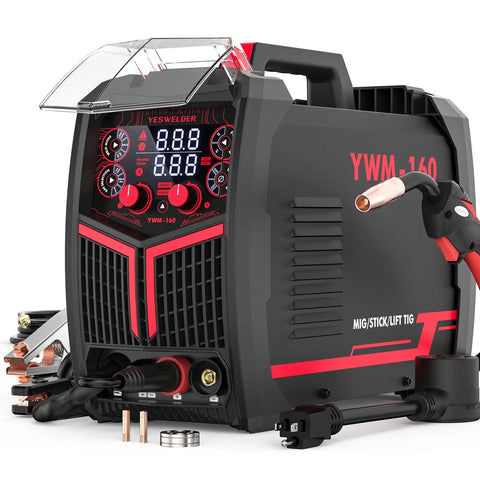 Do It All 4 In 1 Dual Voltage 110V And 220V MIG Welder With 160 Amp Output displaying controls and torch attachments