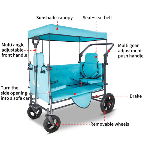 Collapsible Wagon Cart With Side Opening Seats For Outdoor Trips in turquoise, showing sunshade canopy and foldable seat design.