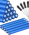 Blue Borosilicate Glass Tubes Set Of 20 For Art DIY Projects, shown with 4 cleaning brushes, 6 inch, 12mm OD, 10mm ID, 2mm thick walls.