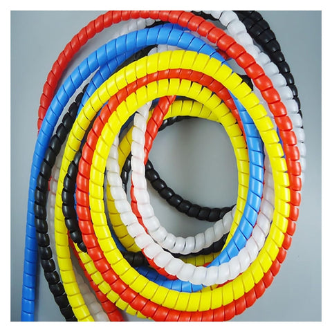 Multicolored spiral cable sleeve wraps organized in loops, including Spiral Cable Sleeve Wrap 2 Meter Dope Flame Retardant Wire Protector Tube White