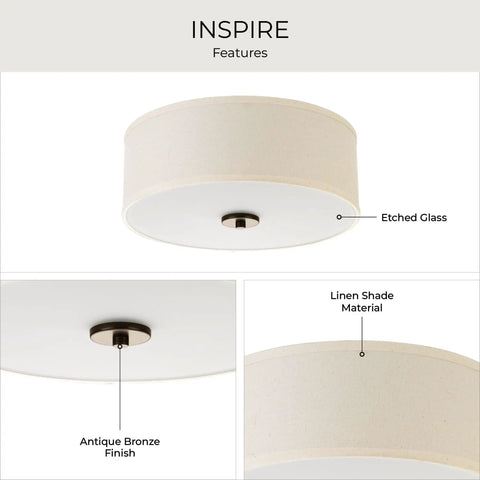 Inspire Two Light Semi Flush Mount Dope Style Close To Ceiling Lighting With Off White Linen Shade And Antique Bronze Finish