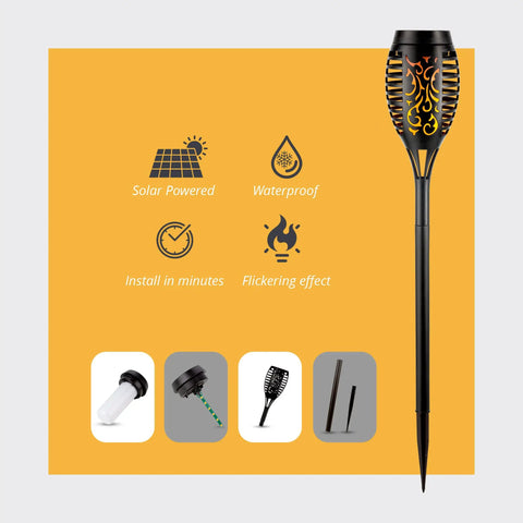 Outdoor Solar Flickering Torch Lights 8 Pack Waterproof Patio Tiki Lamps With 12 LED Flame Beams, installation instructions