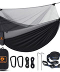 Camping Hammock With Mosquito Net Ready To Roll For Outdoors Ultralight And Easy Setup Parachute Nylon With Accessories Displayed