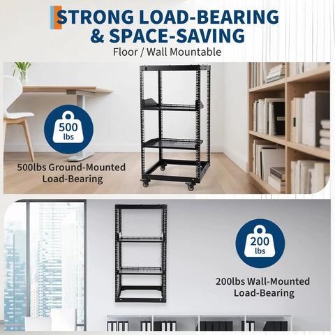 Rock Solid 20U Open Frame Network Rack Hella Sturdy Cold Rolled Steel Server Cabinet With Super Adjustable Depth on display in a home office.