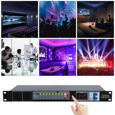 Professional Audio Power Conditioner With Power Sequencer And Voltage Stabilization Ten Dual Access Plugs in rack mount setup.