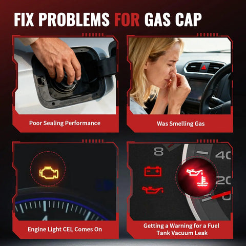 Image showing gas cap issues: poor sealing, gas smell, engine light, fuel tank vacuum leak warning, OEM Direct Replacement Gas Cap.
