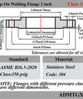 Diagram of 2 Inch Slip On Stainless Steel Flange With Neck, Raised Face, Forged, Class 150, showing dimensions and material details.