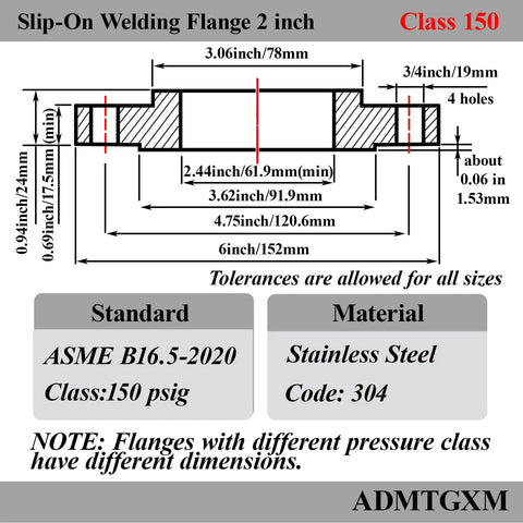 Diagram of 2 Inch Slip On Stainless Steel Flange With Neck, Raised Face, Forged, Class 150, showing dimensions and material details.