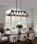 Rustic Farmhouse Kitchen Island Pendant Light With Five Lights Linear Chandelier In Black With Retro Wood Finish Hanging