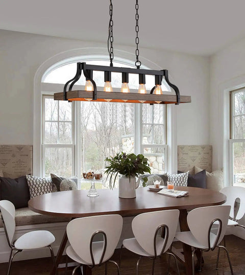 Rustic Farmhouse Kitchen Island Pendant Light With Five Lights Linear Chandelier In Black With Retro Wood Finish Hanging