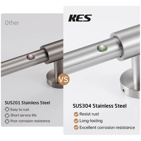 Comparison of SUS201 and SUS304 stainless steel shower slide bars highlighting rust resistance; focus on durability and longevity.