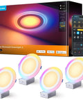 Game Changing Smart Recessed Lights 6 Inch Led Downlights 1100 Lumens 4 Pack With Rgbic Ambient Backlight and Tunable Color Temperature For Modern Home Spaces Fresh Vibe Upgrade, showcasing 4 vibrant RGBIC recessed lights with packaging.