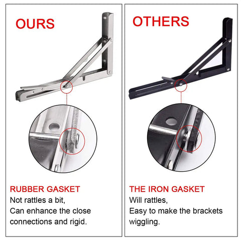 Comparison of Heavy Duty Folding Shelf Brackets Stainless Steel Collapsible Set Supports Up To 330 Lb Per Pair with rubber and iron gaskets.