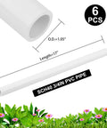 Six-Piece Three Quarter Inch PVC Pipe 17 Inch Long Schedule 40 White, ideal for DIY projects, shown with measurements and flowers.
