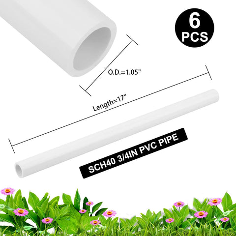 Six-Piece Three Quarter Inch PVC Pipe 17 Inch Long Schedule 40 White, ideal for DIY projects, shown with measurements and flowers.