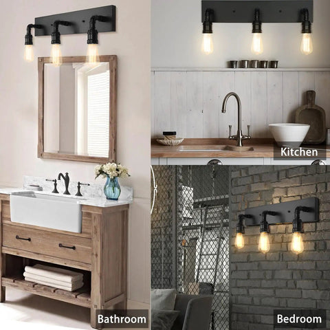 Industrial Farmhouse Vanity Light With Three Lights Water Pipe Wall Sconce in bathroom, kitchen, and bedroom settings