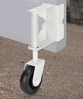 Rock Solid Heavy Duty Gate Wheel Caster With Four Inch Swivel Design, showing spring loaded leveler and black wheel detail.