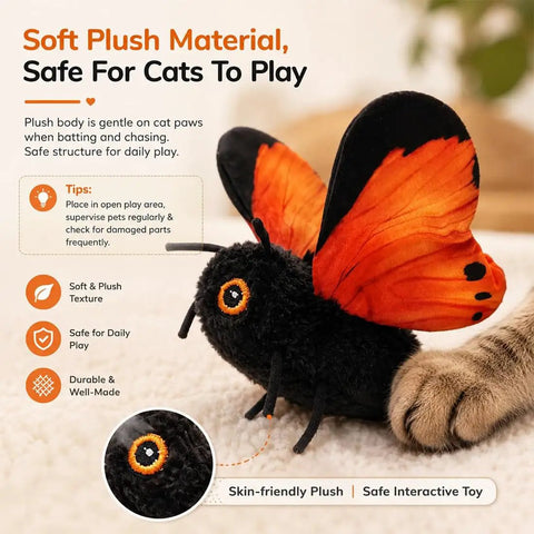Totally Interactive Cat Butterfly Toy With Sensor Flight And Realistic Wing Motion That Sparks Hunting Instincts, Durable Plush Flapping Butterfly For Solo Indoor Play, Yellow 1pc. black-orange plush cat butterfly toy close-up
