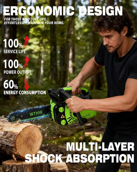 Man using Top Handle Gas Chainsaw For Arborists, 12 Inch Pruning Saw With Lightweight 2 Stroke Engine, Easy Start System outdoors