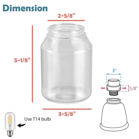 Lit Clear Ceiling Fan Glass Shade 3 Pack Kit, Cylindrical Jar-Style, dimensions 2-5/8" fitter, 3-5/8" bottom, 5-1/8" tall.
