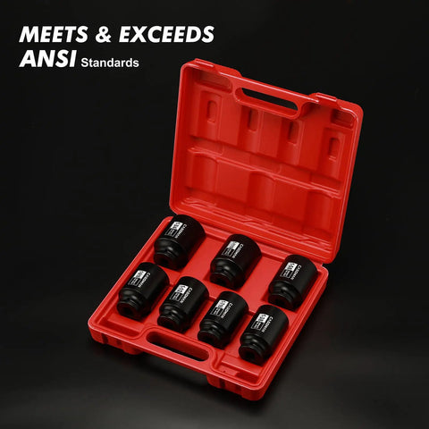 One Half Inch Drive Deep Spindle Axle Nut Impact Socket Set CrMo Six Point For One And Three Eighths To One And Three Quarters Inch Axles in red case