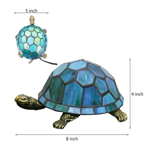 Tiffany Style Turtle Lamp Stained Glass Desk Light Green Turtle 8x5x4 Inch With Bronze Base UL Listed Push Button Switch
