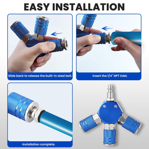 3 Way 1/4 Inch NPT Air Compressor Manifold With Quick Connect Fittings installation steps shown with blue aluminum body.