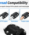 Water pipe repair clamp kit (1 in) with black bolt-fastened housing; shown clamping PE/PVC, steel, and copper pipes.