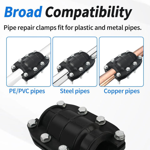 Water pipe repair clamp kit (1 in) with black bolt-fastened housing; shown clamping PE/PVC, steel, and copper pipes.