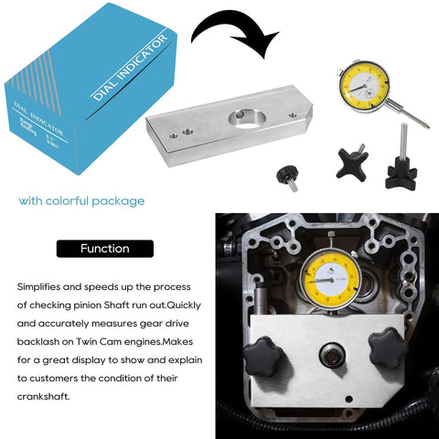 Crank Shaft Runout Measuring Tool 9015 for Twin Cam and Evolution Big Twin Bikes with gear drive backlash dial indicator.