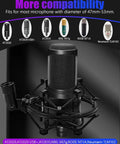 Universal Microphone Shock Mount For 47mm To 53mm Mics, highlighting anti vibration clip holder, fits various models.