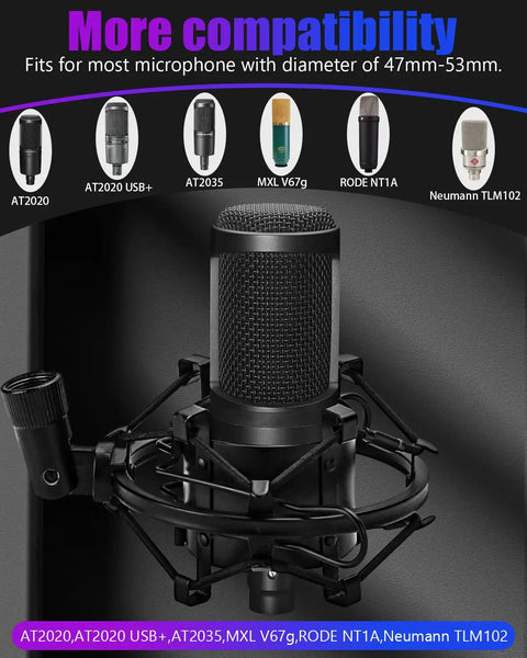 Universal Microphone Shock Mount For 47mm To 53mm Mics, highlighting anti vibration clip holder, fits various models.