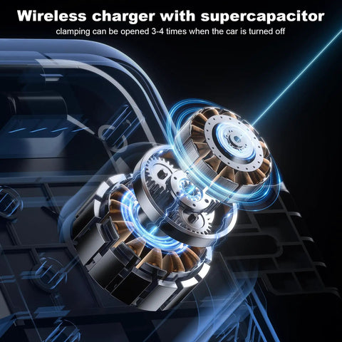 Hassle Free Wireless Car Charger With Intelligent Auto Grip Mount And Cup Slot Tray showing internal supercapacitor mechanism.
