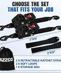 Real Deal Heavy Duty Retractable Ratchet Straps Two Inch By Ten Feet Four Thousand Pound Break Strength Two Pack Tough As Nails Cargo Tie Downs For Secure Truck Loading Black with soft loops and storage bag.