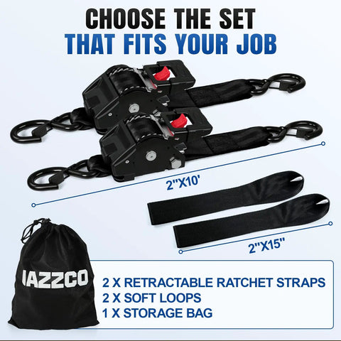 Real Deal Heavy Duty Retractable Ratchet Straps Two Inch By Ten Feet Four Thousand Pound Break Strength Two Pack Tough As Nails Cargo Tie Downs For Secure Truck Loading Black with soft loops and storage bag.