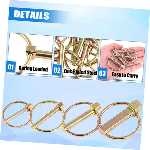 Beefy 10 Pack Heavy Duty Lynch Pin Kit With Spring Loaded Quick Disconnect Rings showcased in detail with zinc plating.