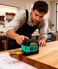 Tough 2IN1 Green Laser Tape Measure 262FT Digital Distance Meter with 16FT Tape in use by a professional in a workshop.