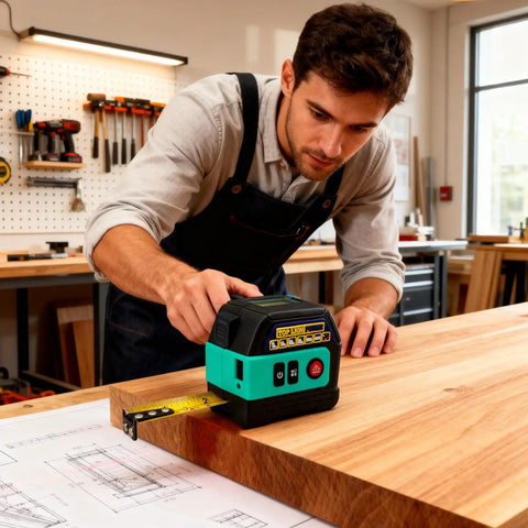 Tough 2IN1 Green Laser Tape Measure 262FT Digital Distance Meter with 16FT Tape in use by a professional in a workshop.