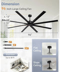 96 inch industrial ceiling fan with 8 reversible blades and remote, shown with downrod options and installation views for flat and slope ceilings.