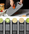 Person using Collapsible Camping Cutting Board With Colander And Drain Basket, 9 In 1 Chopping Board For RVs And Campers with slicer blade