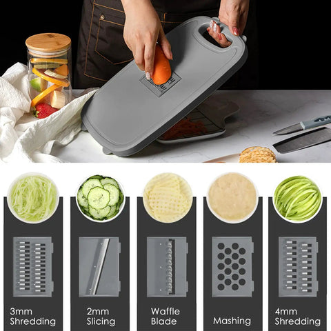 Person using Collapsible Camping Cutting Board With Colander And Drain Basket, 9 In 1 Chopping Board For RVs And Campers with slicer blade